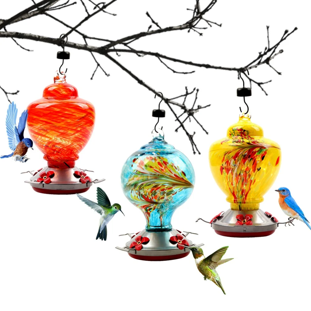 Stained Glass Hummingbird Feeder 1PCS Outdoor Hand Blown Stained Glass Feeder Bird Hanging Pet Drinker