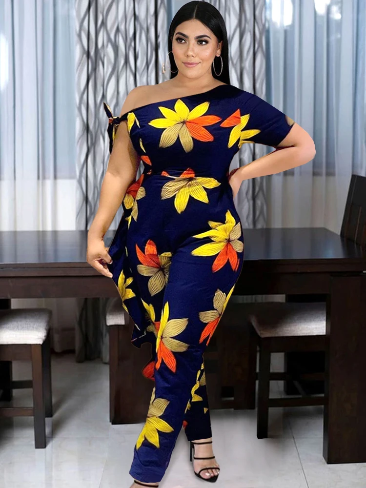 Jumpsuits for Women 2024 Elegant Floral Print Skew Shoulder Floral Printed High Waist Overalls Ladies Evening Cocktail Party 4XL