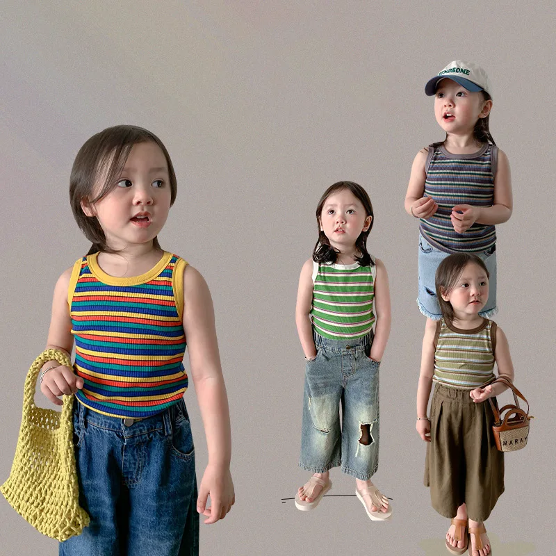 

Summer Kids Vest Striped Thin Casual Girls T-shirts Korea Baby Clothing Breathable Toddler Girl Knitting Vests Infant Costume