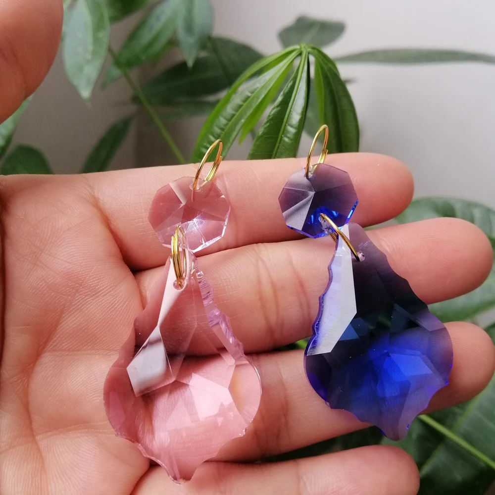 Camal 2PCS Garland 38mm K9 Crystal Maple Leaf Prism Pendant Octagonal Bead Gold Ring SunCatcher Lamp Lighting Chandelier Hanging