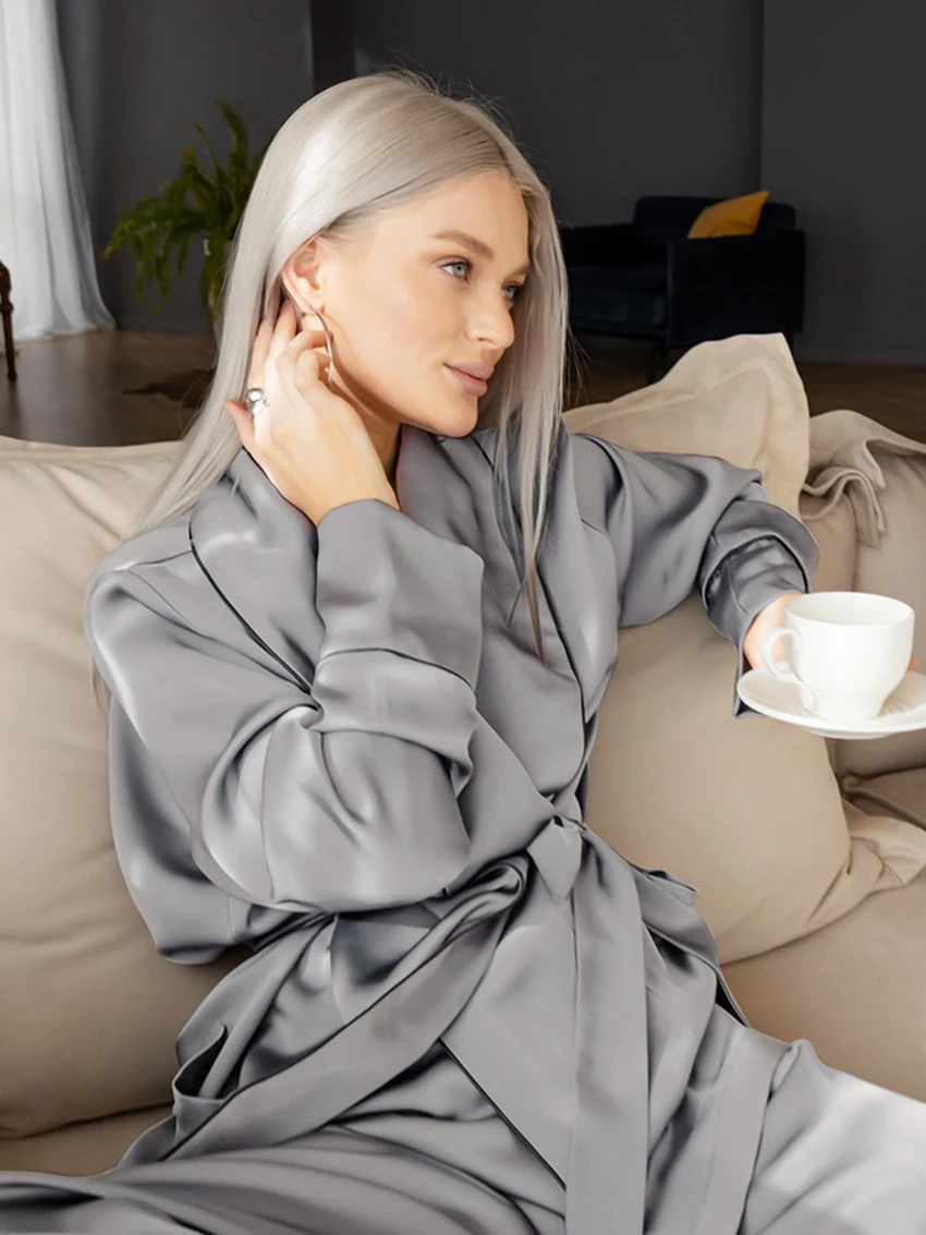 Marthaqiqi Fashion Female Sleepwear Set Turn-Down Collar Pajamas Long Sleeve Nightwear Lace Up Pajamas Pants Women Nightie Suit