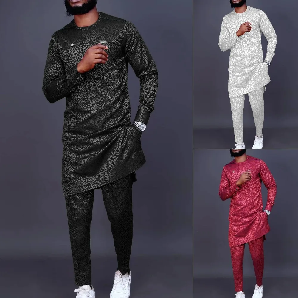 Men's luxury fashion casual white print two-piece set