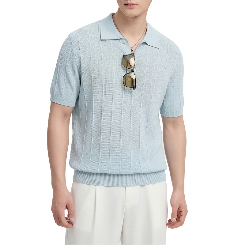 Polo da Uomo in Misto Lino Lavorato a Maglia a Maniche Corte, T-shirt Casual con Colletto Estivo - immagine 5