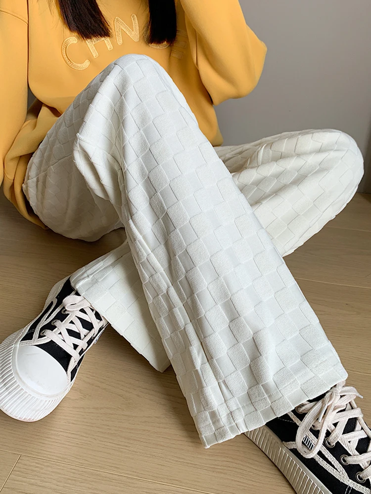 QOERLIN Thicken Check Pants Women High Waist Korean Fashion Elastic Waist Trousers Female Loose Casual Wide Leg Pants 2023 New