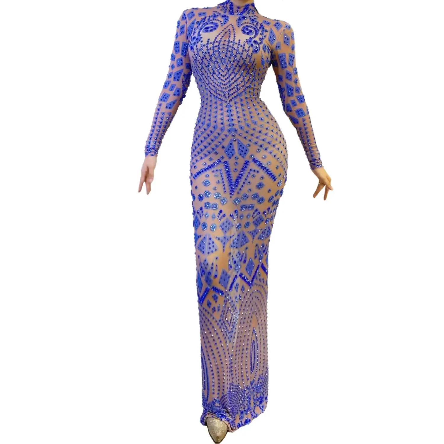 Sparkly Stones Gorgeous Long Dress Sexy Transparent Crepe Evening Prom Celebriate Birthday Dress Performance Costume W2301021