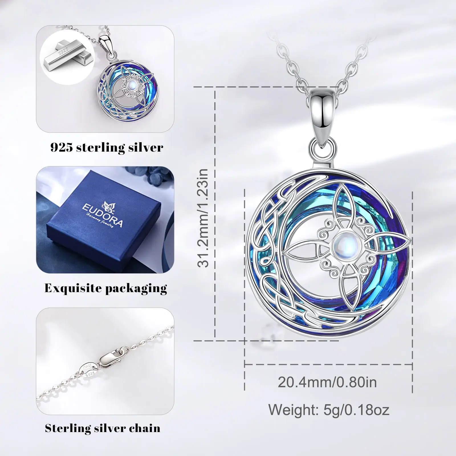 925 Sterling Silver Witch Knot Necklace Austrian Crystal Moonstone Knot Amulet Necklaces for Men Women,pendant necklace