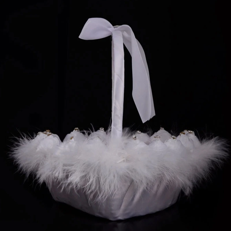 Flower Girl Basket White Small Heart Shaped Baskets with Faux Flowers for Rhines