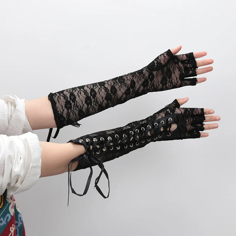 Guantes largos góticos para mujer, manoplas sexys de encaje Floral con