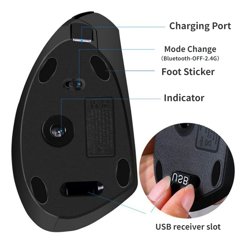 Mouse Vertical Bluetooth Mouse Óptico Ergonômico sem Fio Recarregável 2.4g Ratos de Mão Esquerda e Direita 1600 Dpi Laptop pc Mac Presente - Imagem 2