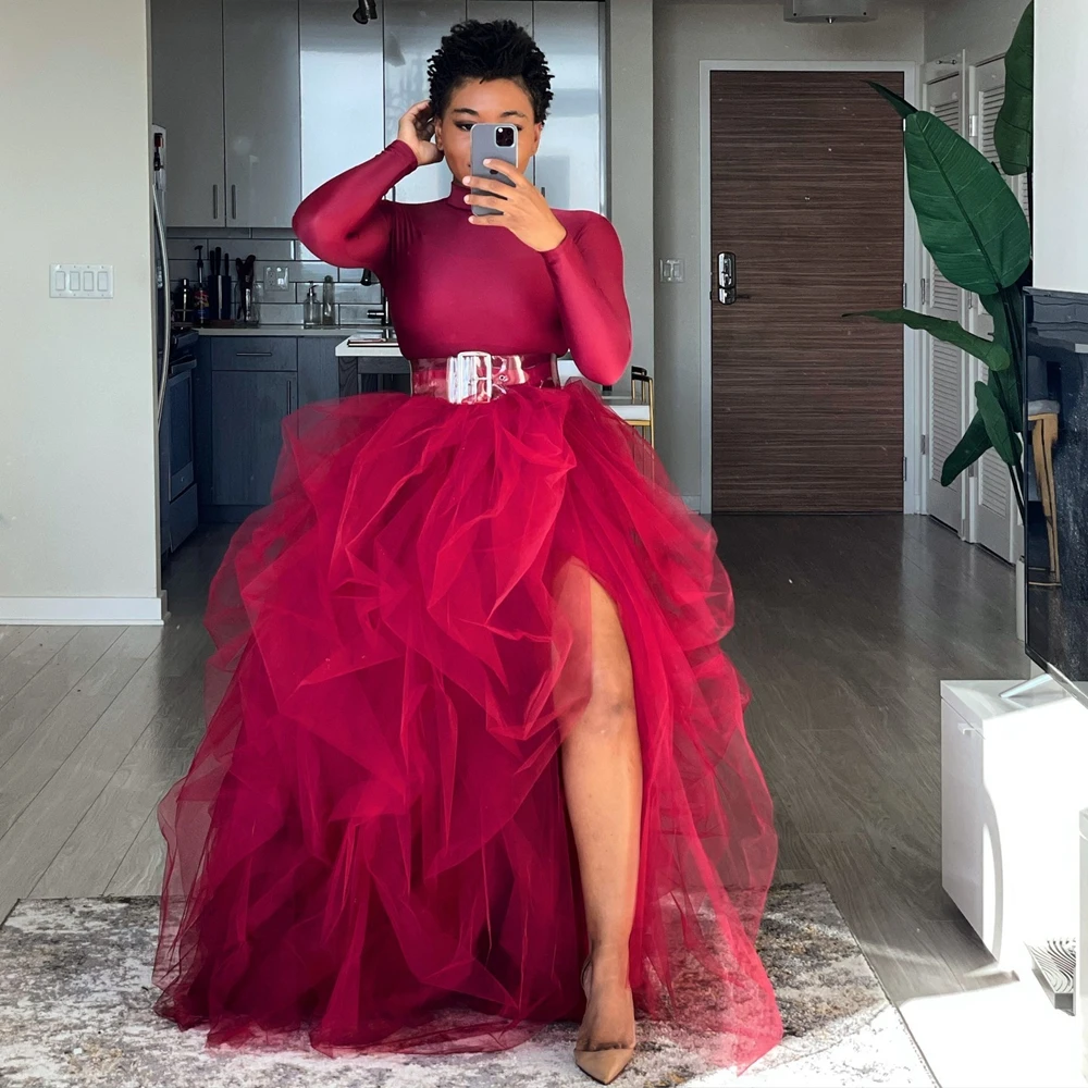 

Elegant Burgundy Mesh Women Summer Skirts Side Slit Ruffles A Line Prom Party Skirt Female Tutu Skirts Elegant Brithday Skirt