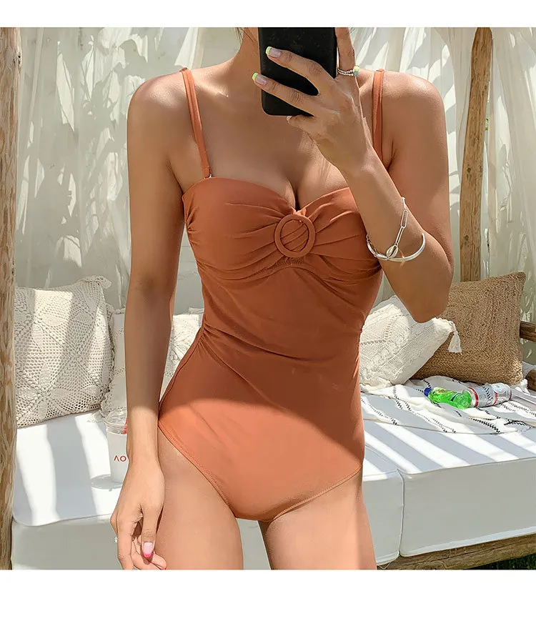Sexy Korean Brown Swimwear Woman One Piece Swimsuits Female
