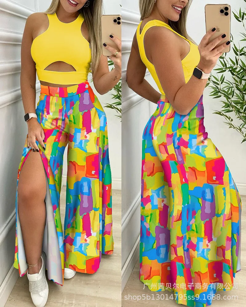 Two Piece Sets Womens Outifits 2022 Summer New Fashion Round Neck Sleeveless Short Top & Contrast Color Split Wide Leg Pants Set jumpsuit women summer 2022 womens sleeveless beach short jumpsuit strapless summer romper casual beach wear mono mujer verano