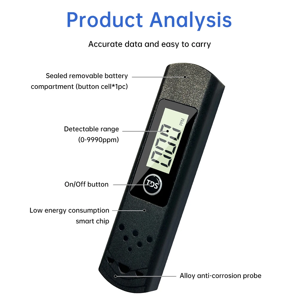 1pc Black Handheld TDS Digital Water Tester High Precision Household Purified Tap Water PPM Tester Large Screen Display