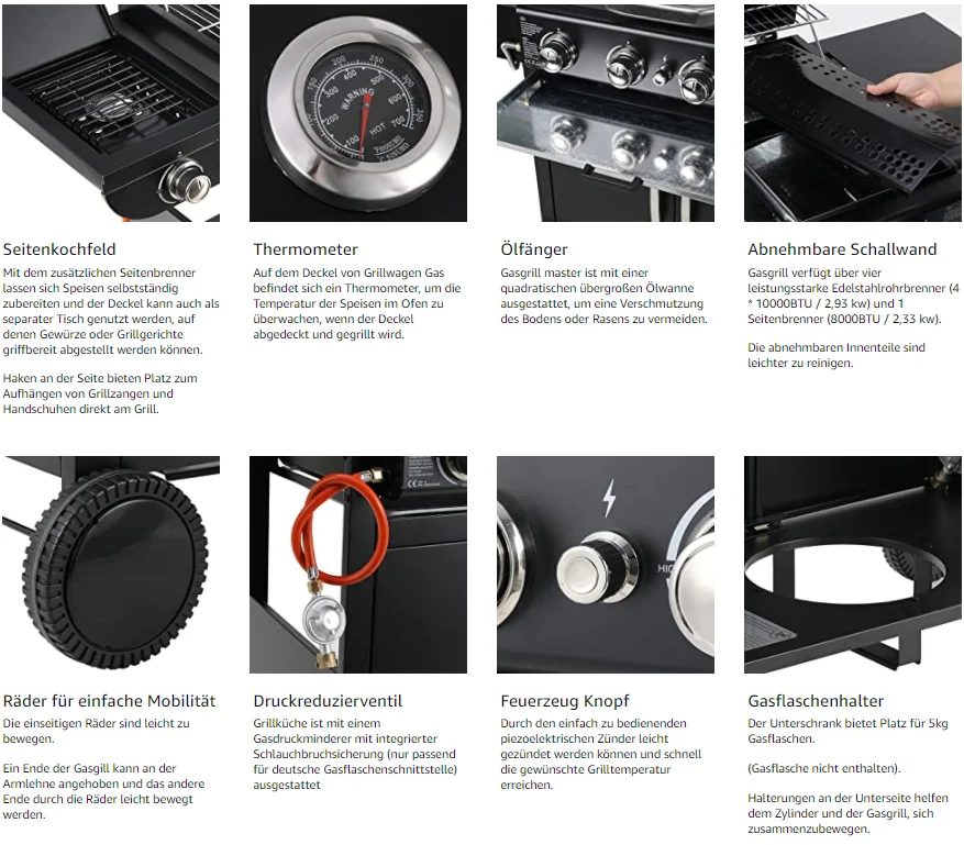 Gas-Grillwagen mit Piezo-Zündung & Thermometer für Gartenpartys