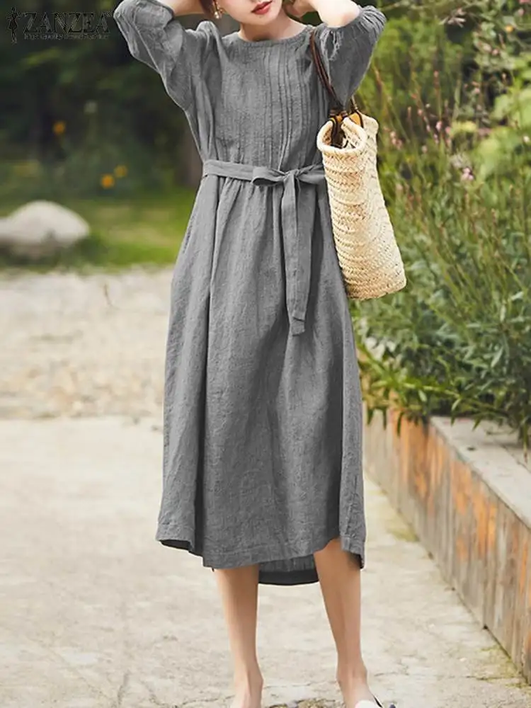 

Vintage Women O Neck 3/4 Sleeve Loose Sundress 2023 ZANZEA Summer Casual Pleated Midi Dress Oversize Party Vestido Robe Femme
