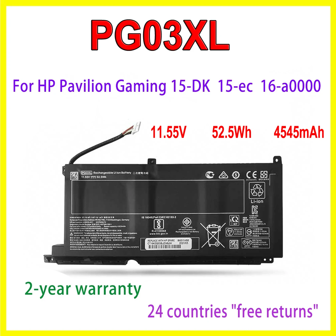 

New PG03XL Laptop Battery For HP Pavilion Gaming 15-DK dk0003nq 15-dk0020TX 15-ec 15-ec0000 OMEN 5X FPC52 Series 52.5Wh 11.55V