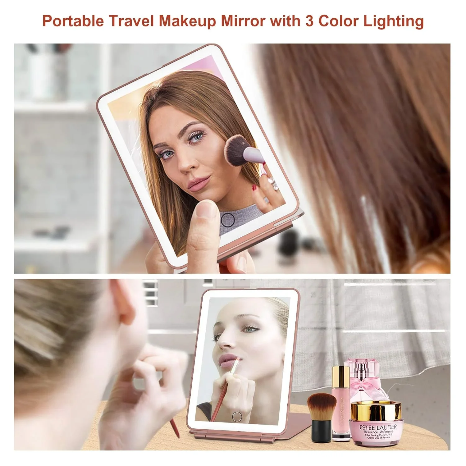 LED Foldable Travel Makeup Mirror 3 Colors Light Modes USB Rechargeable Touch Screen Portable Tabletop Cosmetic Mirror Handheld 6