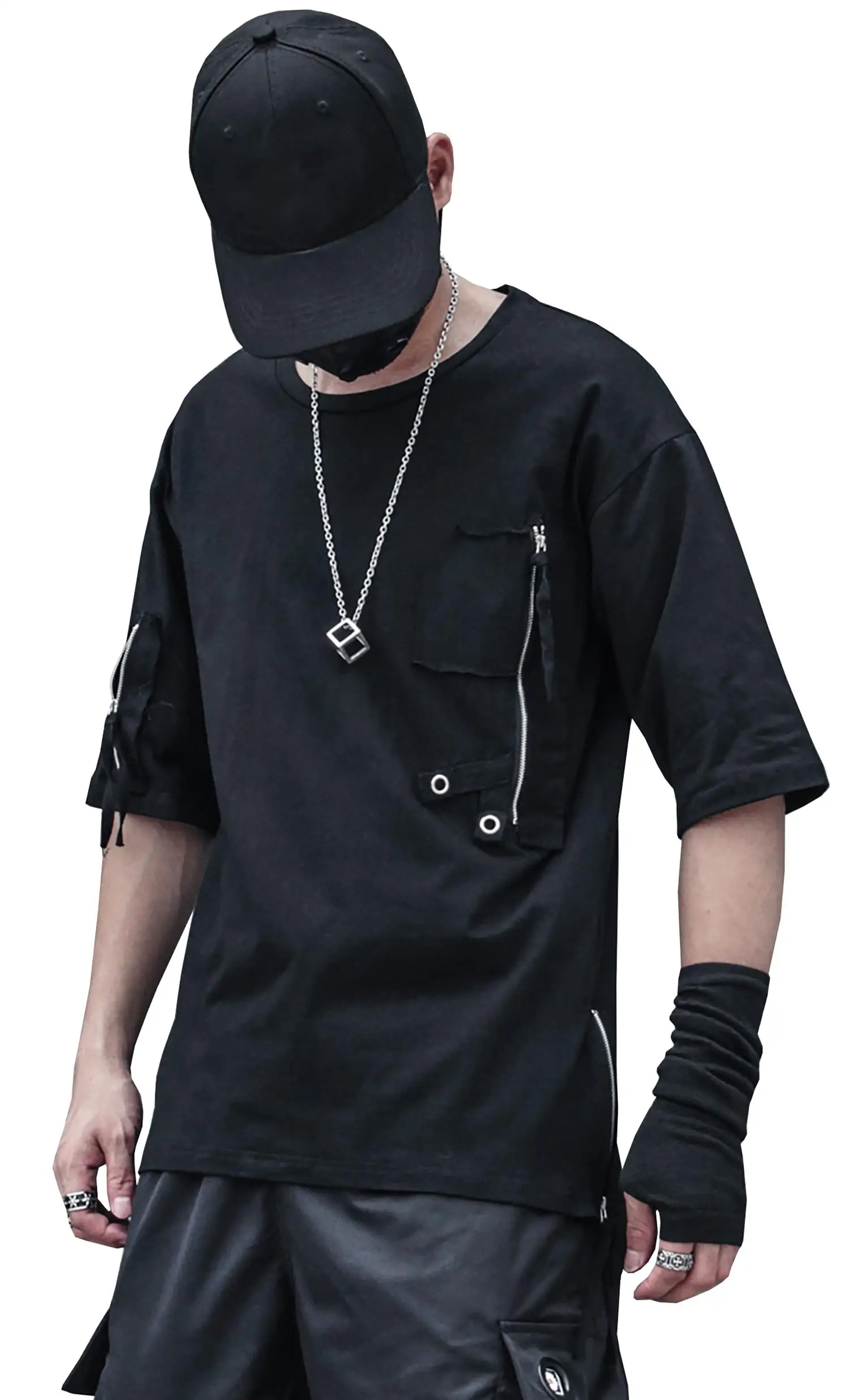 

Mens Punk Gothic Zipper Design Summer Short Sleeve T-shirt Black White