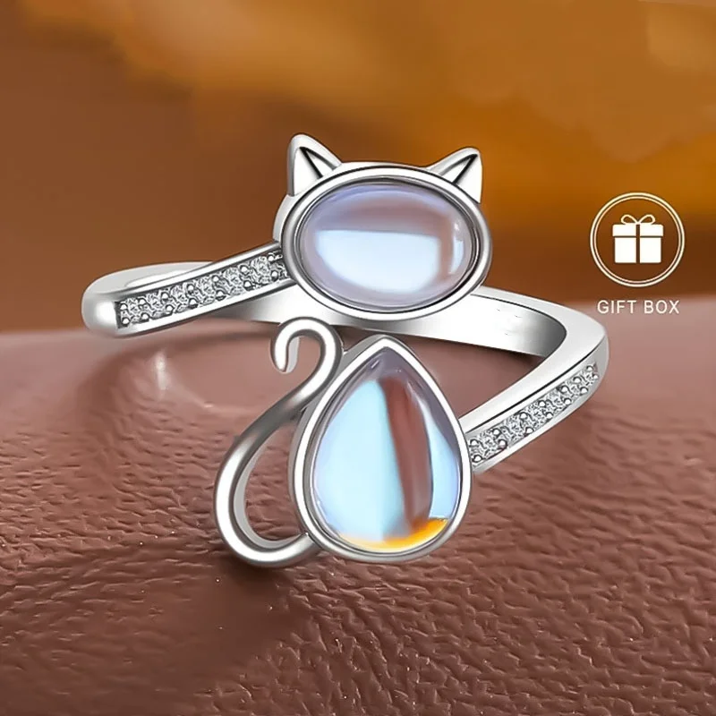 Cute Cartoon Design Cat-Shaped Imitation Moonstone Ring for Women Tiny Cat Adjustable Rings Daily Jewelry Gifts