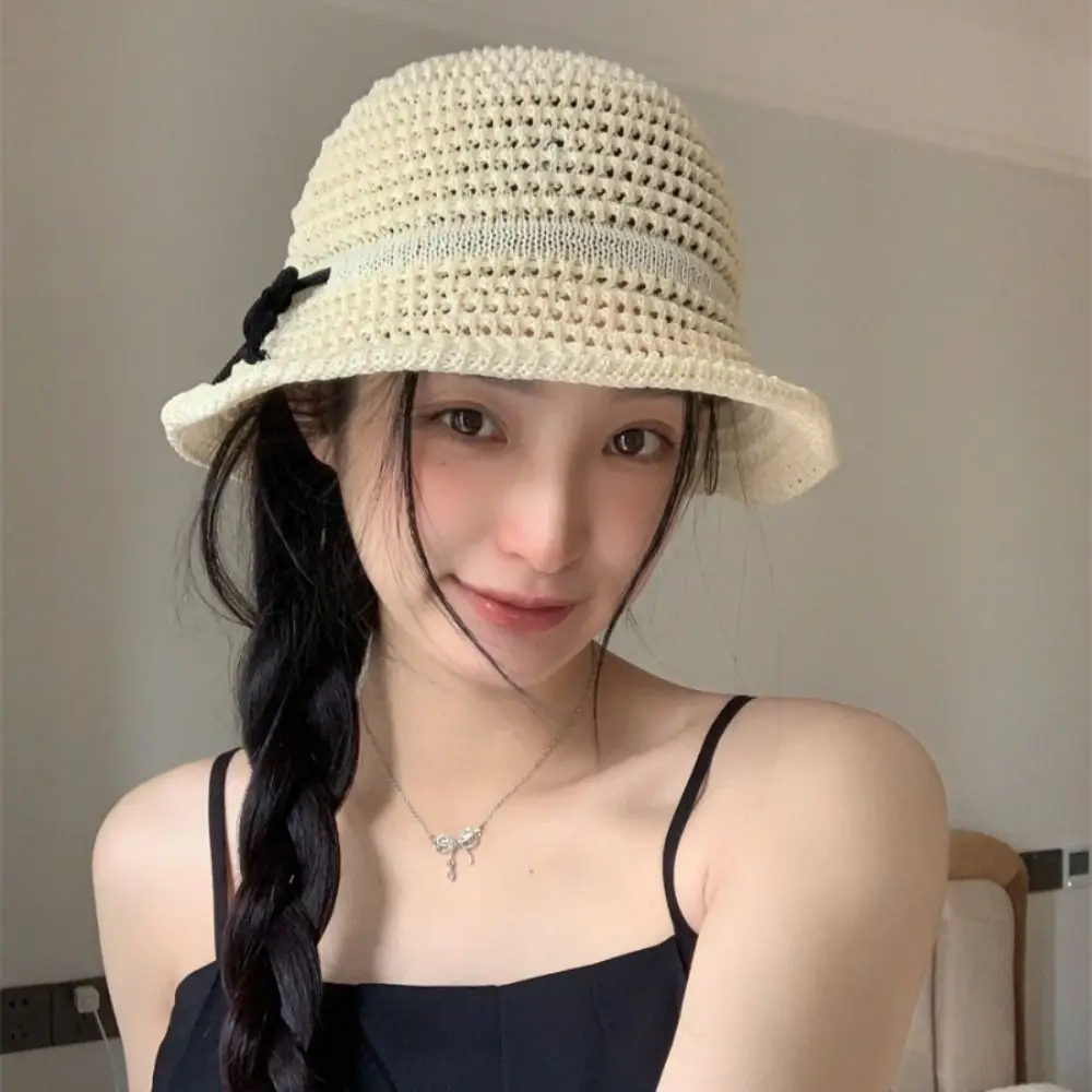 

Hollow Knitted Bucket Hat Casual UV Protection Wide Brim Sunshade Hat Solid Color Crochet Bow Fisherman Hat