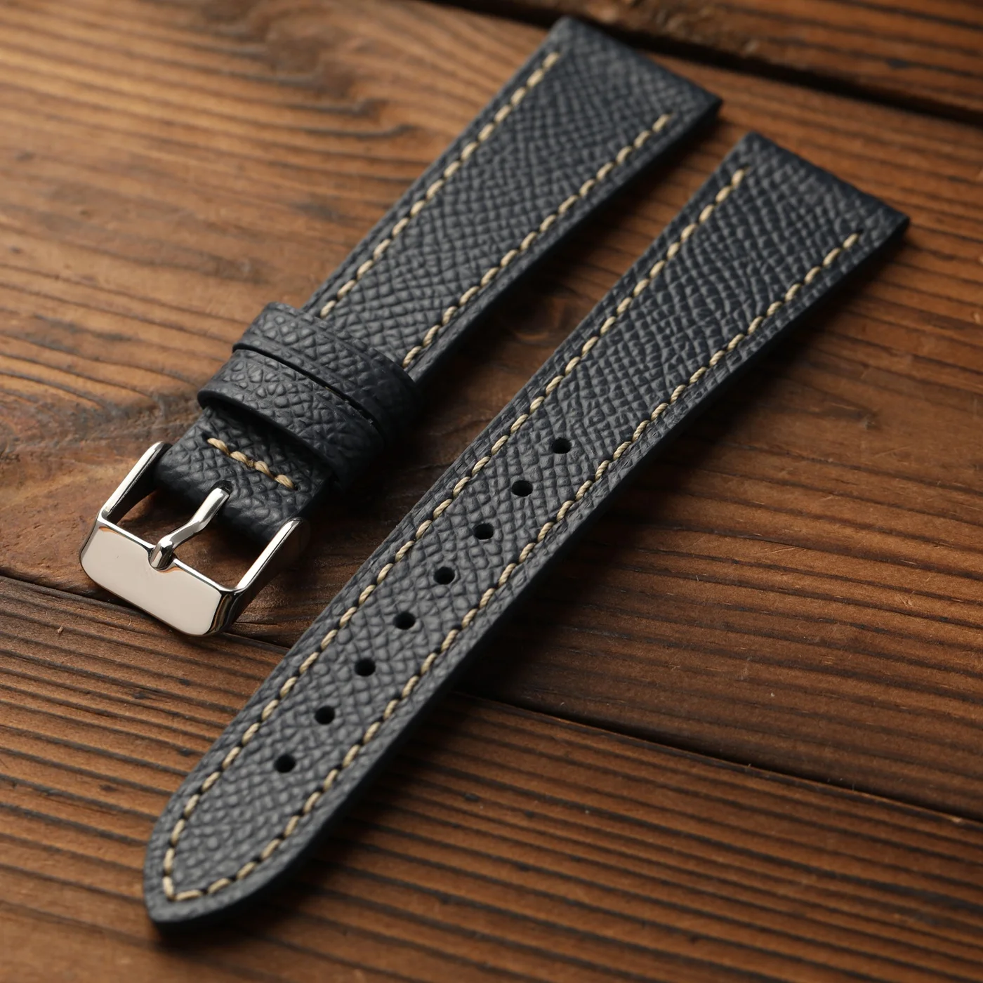 Elegant Black and Gray Handcrafted Leather Watch Strap – Premium Top-Grain French Cowhide