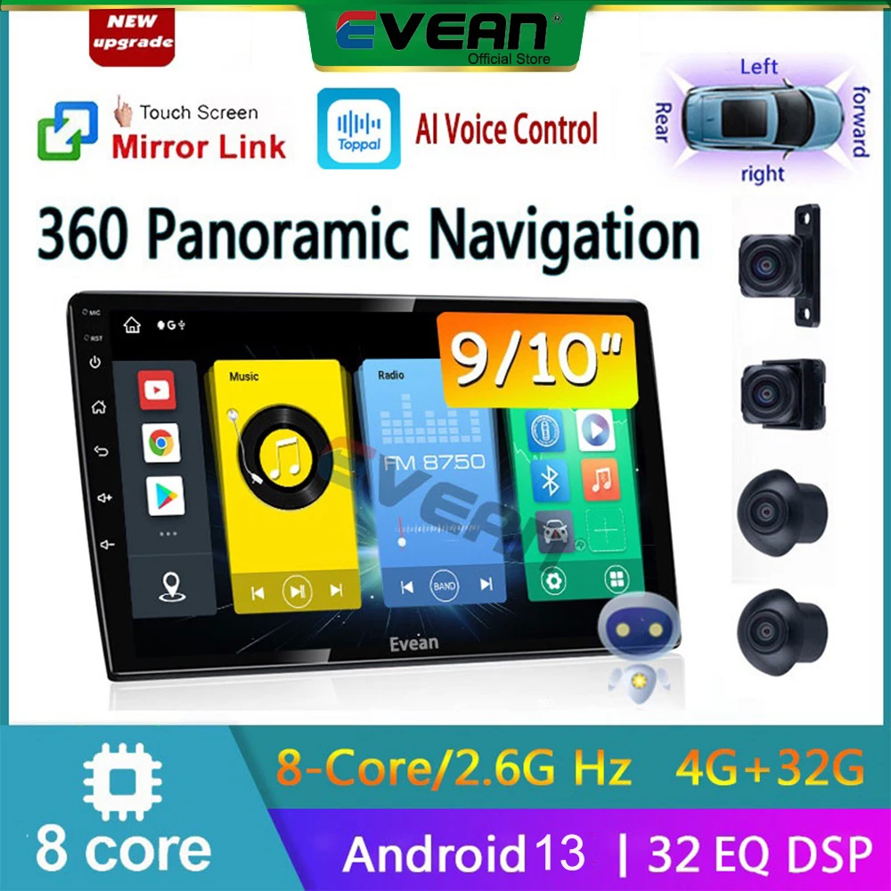

Evean 4G 32G Octa Core Android Car Radio Wireless Carplay Android Auto 2 Din Multimedia Player With 360 camera Voice Control