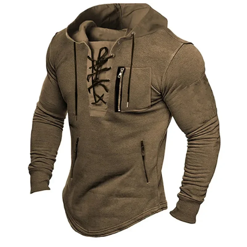 Men's Spring And Autumn Hooded Solid Color Zipper Pocket Polo Shirt Sport Streetwear Gold-Stamped Fashion Casual Wear