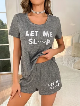 Women Pajama Set Gray Short Sleeve Top and Shorts with White Letter Print “LET ME SLEEP” Cute Casual Loungewear Sleepwear
