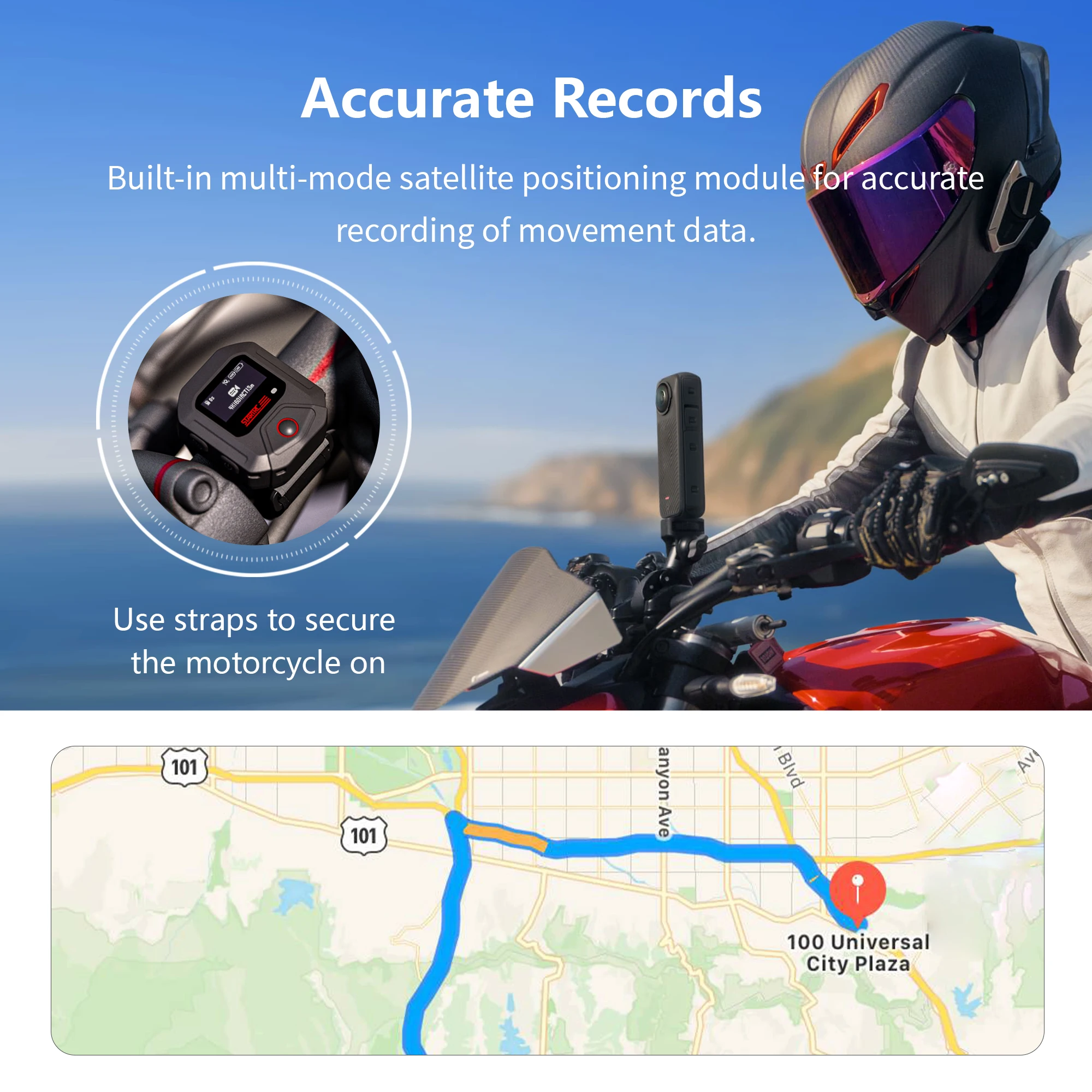 Télécommande GPS pour Insta360 X5 X4 X3 Go 3S ACE Pro avec une caméra Insta360 en arrière-plan, connectée sans fil.