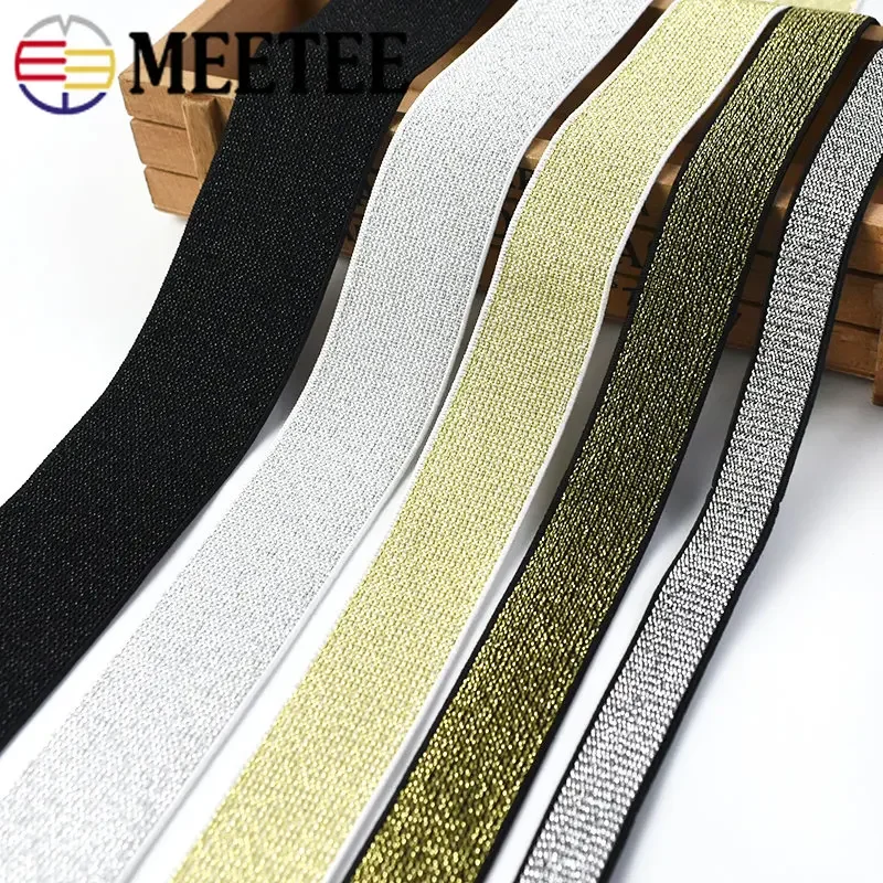 Paictheix Gold & Silver Glitter Elastic Ribbon - 4cm (1.57") Wide, 6 Yards Total, For Waistbands, Headbands, Crafts