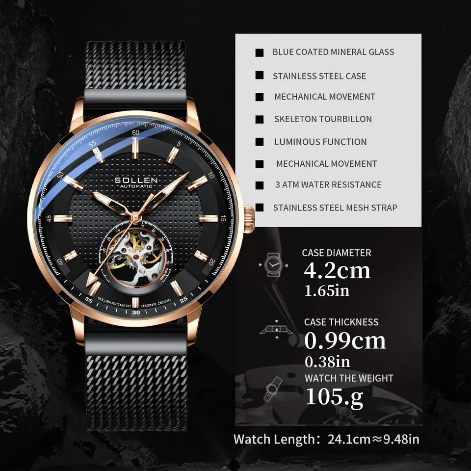 Orologio meccanico scheletrato completamente automatico OEM/ODM, produttore di orologi di lusso