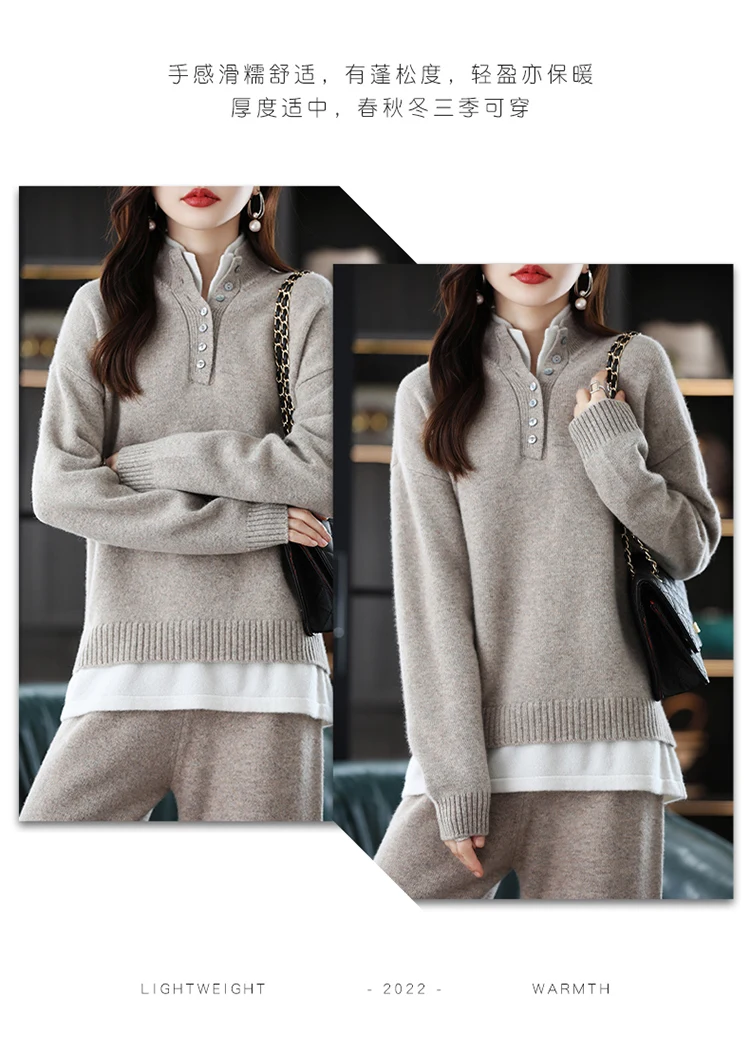 New 2022 Ladies 100% Cashmere Wool Suit Casual Long Sleeve Pullover Sweater Solid Color Knit Long Wide Leg Pants Pure Wool Suit