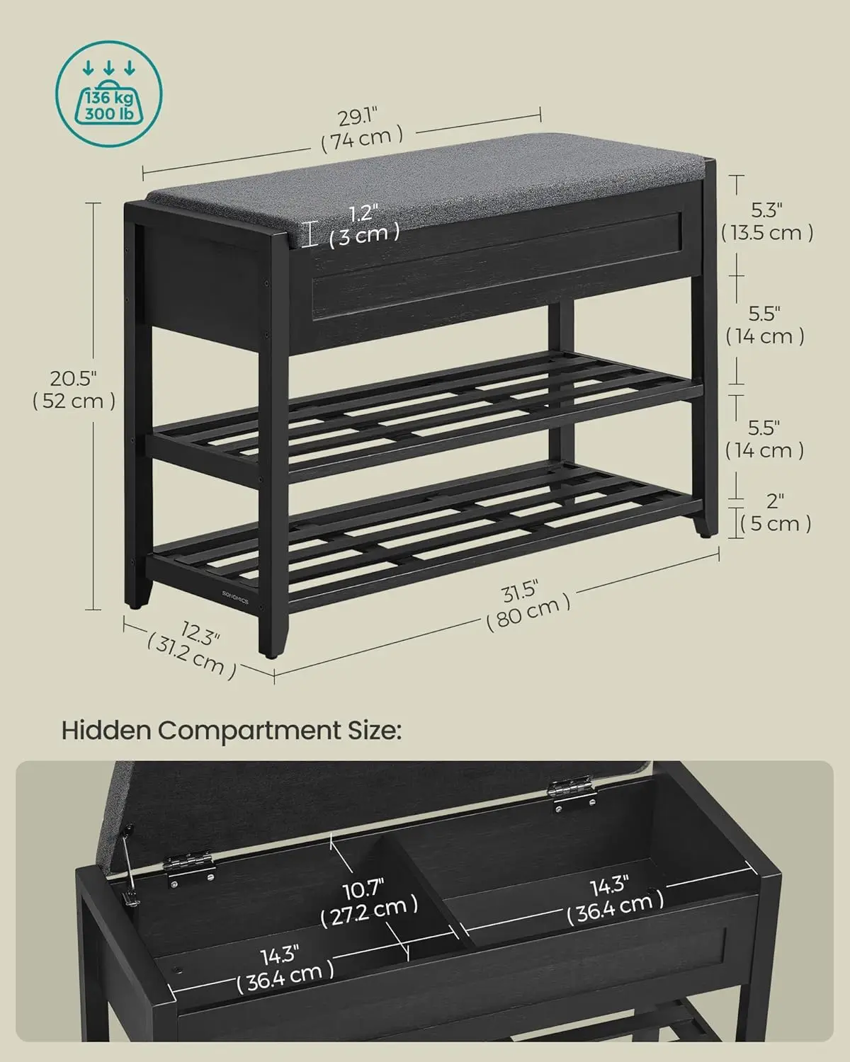 Storage Bench, Bamboo Shoe Rack, Entryway Furniture, 31.5 Inches Wide, Hidden Storage Compartments, 2-Tier Shoe Shelves
