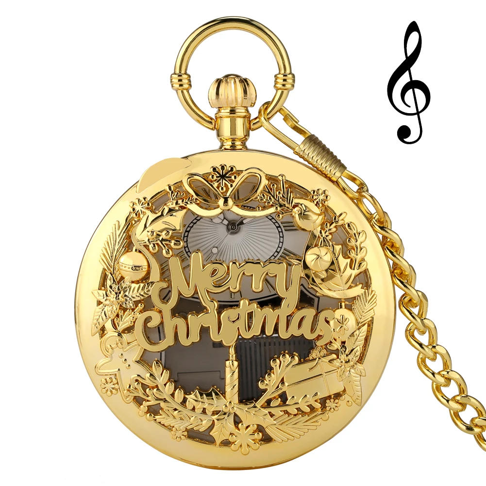 Merry Christmas Musical Quartz Pocket Watch Luxury Gold Hollow Steampunk Retro Roman Numerals Pendant Clock Fob Chain New 2023