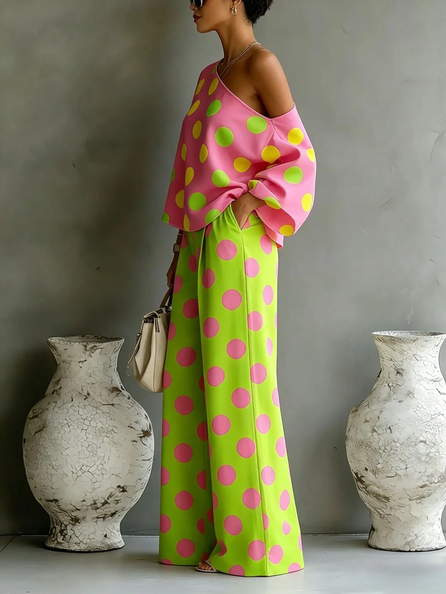Summer New Color Wave Point Set Women Slant Shoulder Open Back Top+High Waist Wide Leg Pants Vacation Style Loose 2 Piece Suit 3