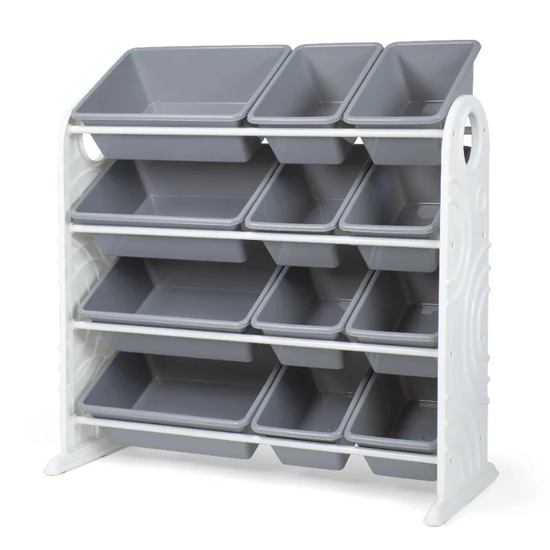 

Your Zone Children Plastic and Metal Toy Storage Racks with 12 Storage Bins, Gray and White