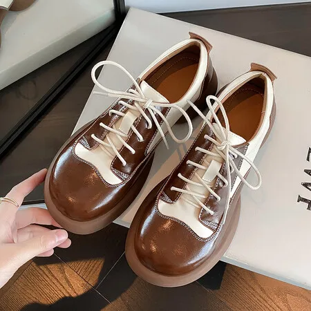 2024 Spring New Genuine Leather Single Shoes Women's Shoes Round Toe Lace Up Block English Style Low Heel Small Leather Shoes
