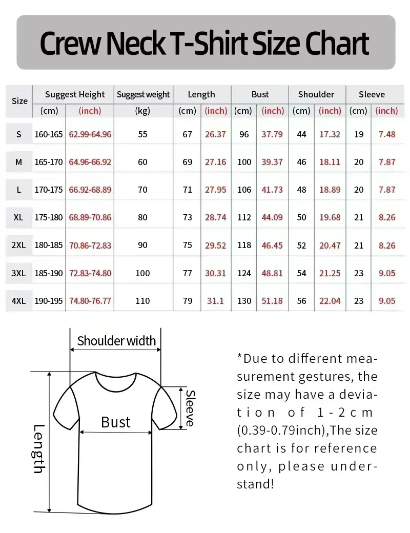 Size chart motorcycle racing t-shirt