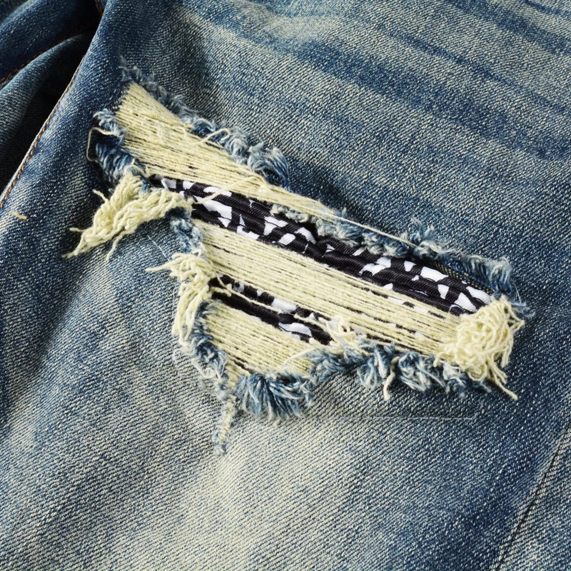 High Street Fashion Men Jeans Retro Washed Blue Stretch Skinny Fit Ripped Jeans Men Patched Designer Hip Hop Brand Pants Hombre