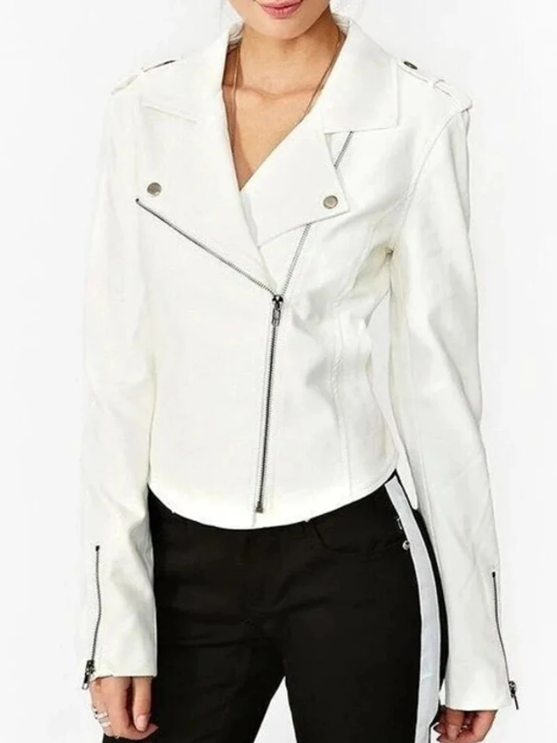 Real Leather Jacket Women Pure White 100% Genuine Lambskin Real Leather Biker Jacket