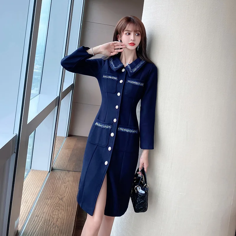 

Женское шерстяное платье средней длины, Элегантное однобортное офисное винтажное синее облегающее платье, осень 2022