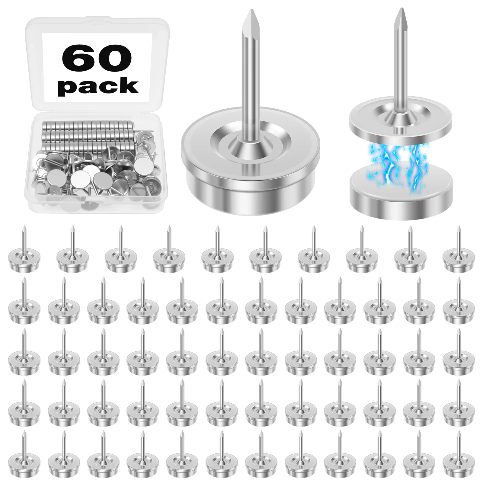 60개입 원형 헤드 자석 푸시핀, 평면형 썩커핀, 재사용 가능한 푸시핀, 코르크..