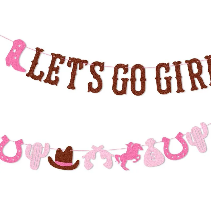 Glitter Let's Go Girls Theme Banner Disco Cowgirl Boots Paper Hanging Garland Girl Happy Birthday Bachelorette Party Decor