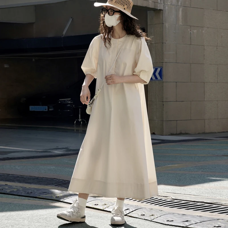 

Johnature Summer New Korean Version Lazy Vacation Style Puff Sleeve Dresses 2024 Casual Simple Loose Straight Long Dresses Women