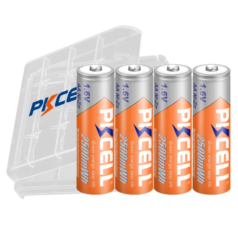 Rechargeable Nickel Zinc Batteries 4PC PKCELL 2500mWh 1.6V Ni-Zn AA Rechargeable Batteries 2A AA NIZN Battery camera toys batteries With 1PC Battery Holder Box