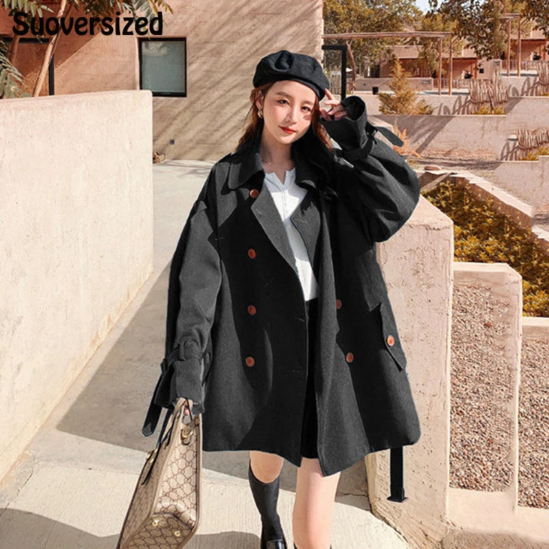 

Fashion Black Street Double Breasted Windbreaker Korean Mid-Length Loose Gabardina Mujer British Style Sashes Trench Coat Women