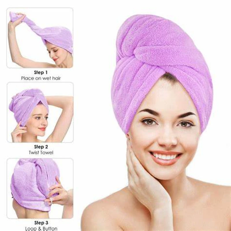 Hair Towel Coral Velvet Fast Drying Super Absorbent Quick Dry for Women Microfiber Drying Cap with Button