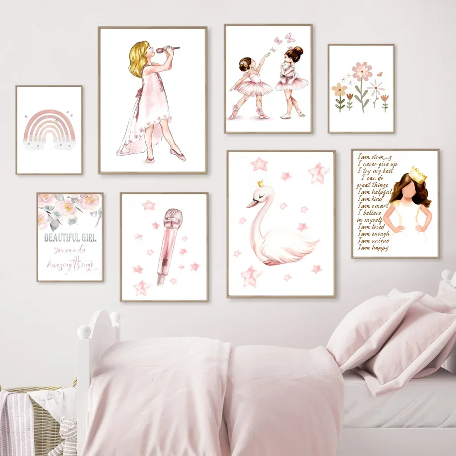 Boho Bambini Ragazze Cigno Ballerina Sole Arcobaleno Wall Art Stampe Su Tela Pittura Immagini Kids Room Decor Nursery Princess Poster