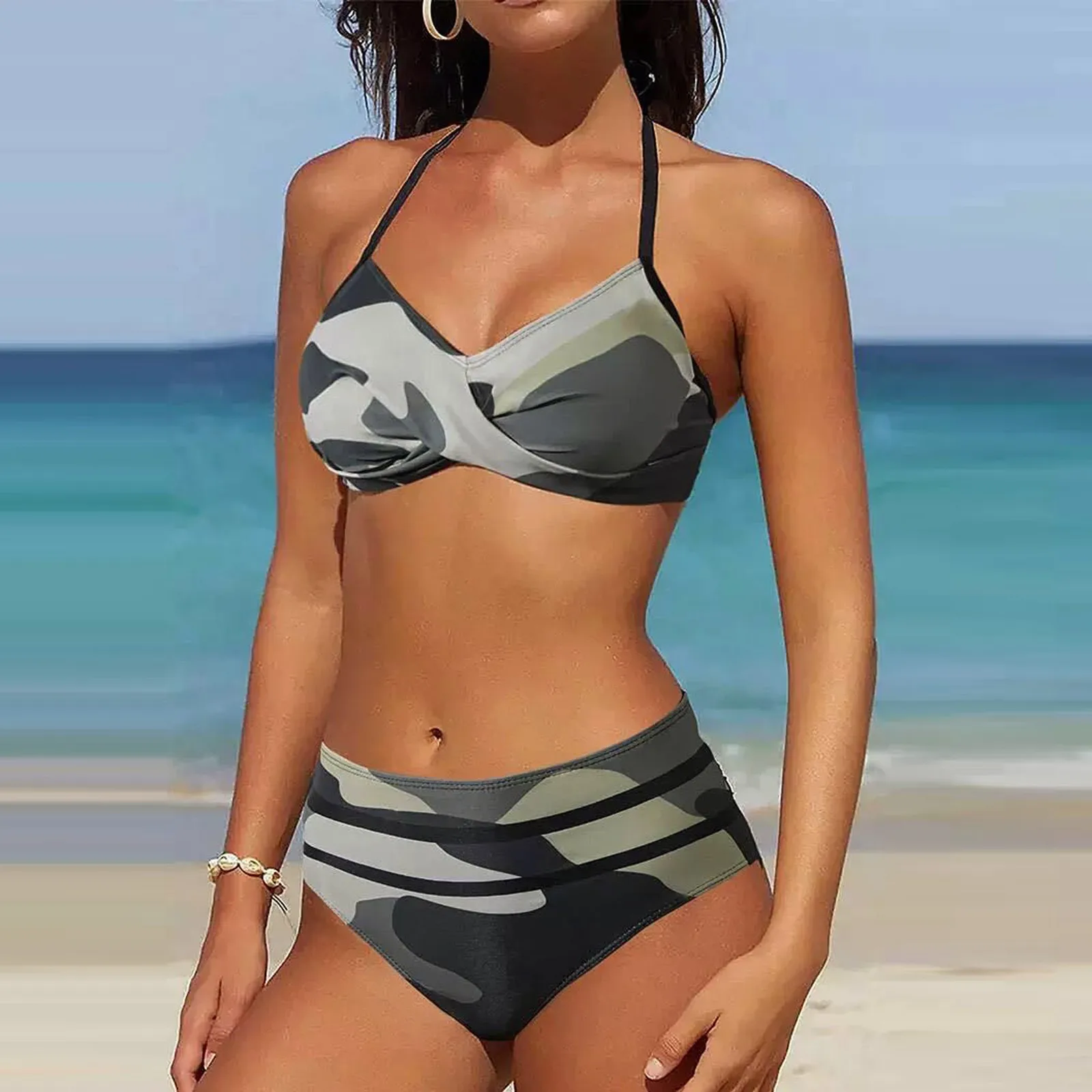 

Women's New Swimwear Fashion Retro Camo Print Sexy Hanging Neck Split swiming Thong Biquinis Brazilian Split Swimsuit Padded