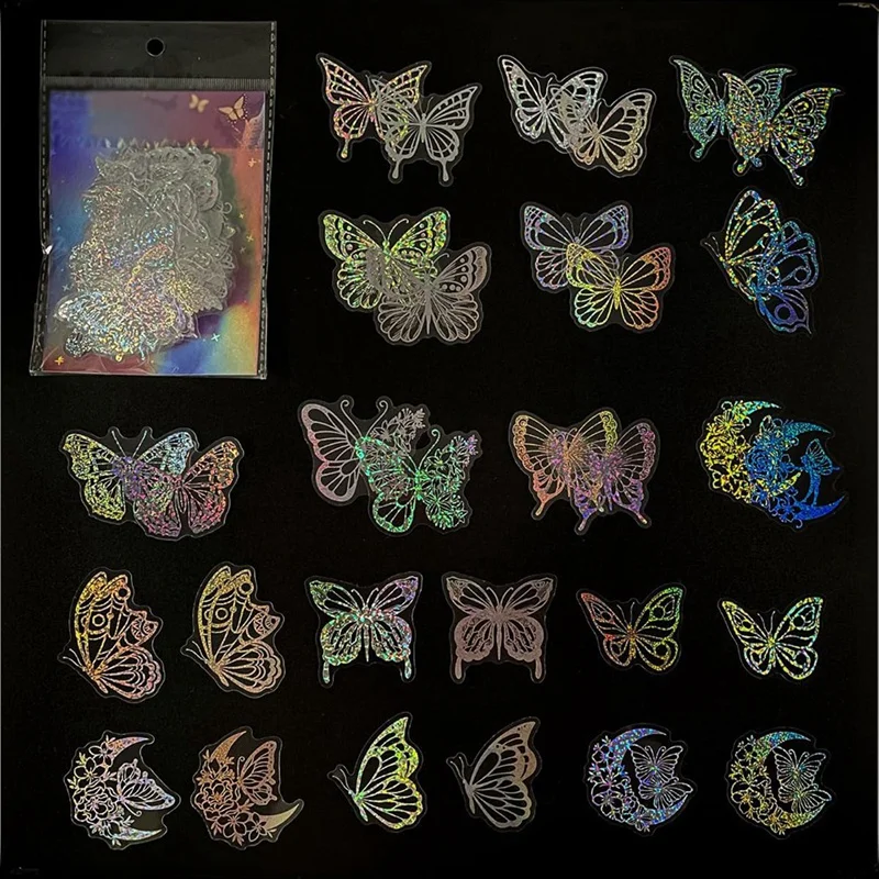 【】100Pcs Holographic Glitter Butterfly Stickers, Vintage Butterfly Waterproof Transparent Decorative Decals